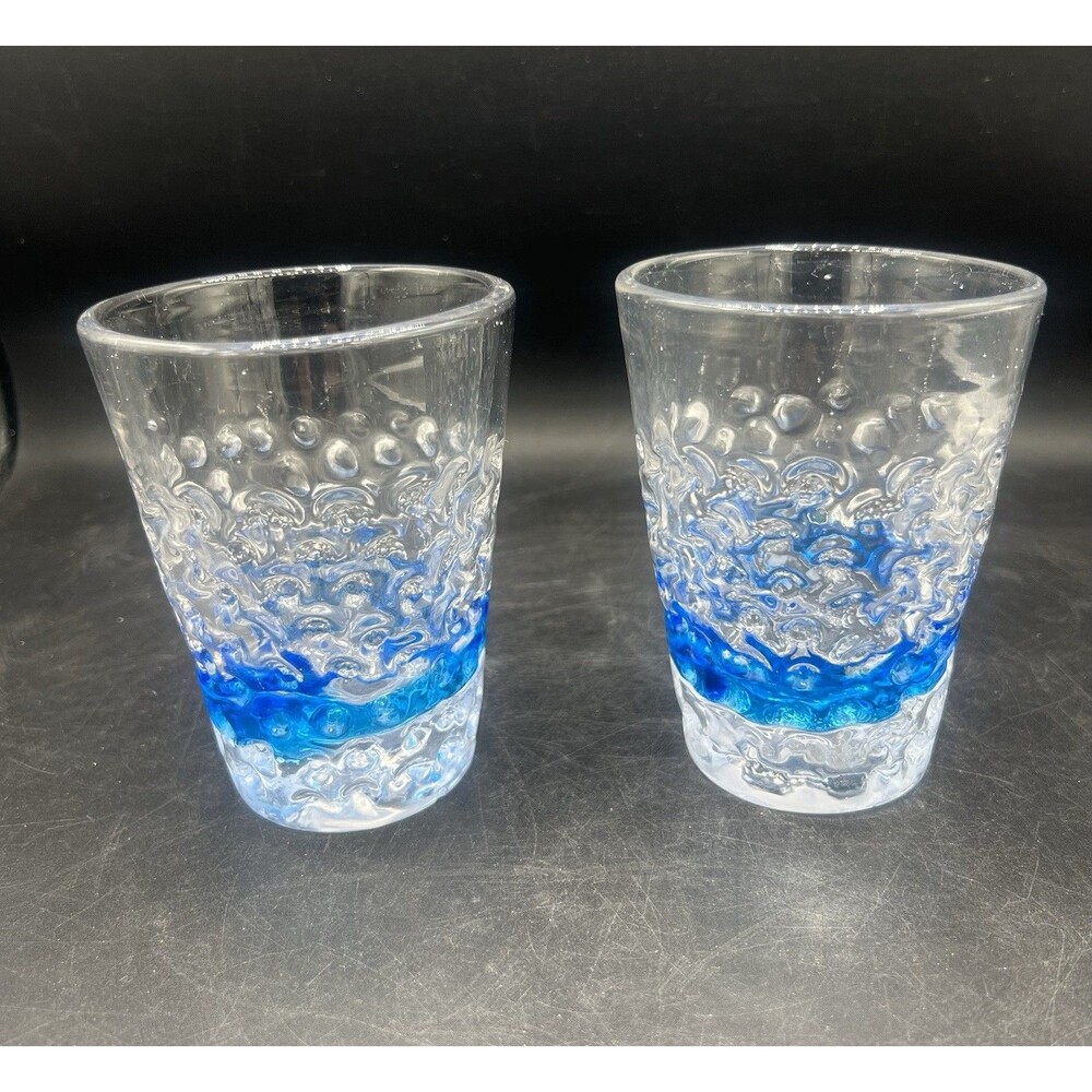 2 Global Amici Blown Glass Blue Wave Double Old Fashioned Water Glasses
